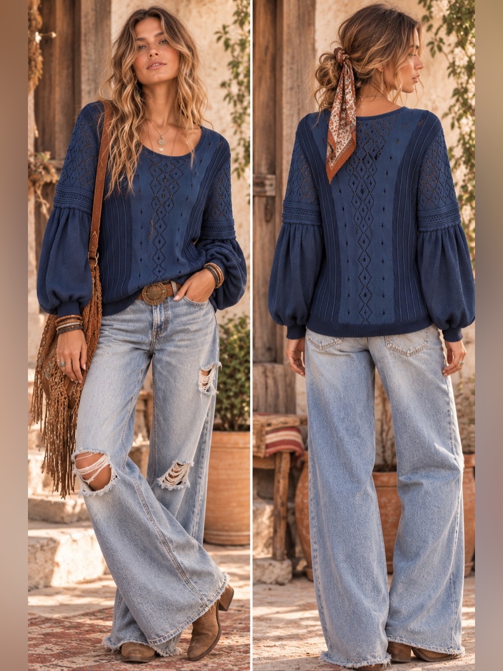 Doce Glamour Tricot Navy Pointelle Openwork Knit Balloon Sleeve Sweater Size L